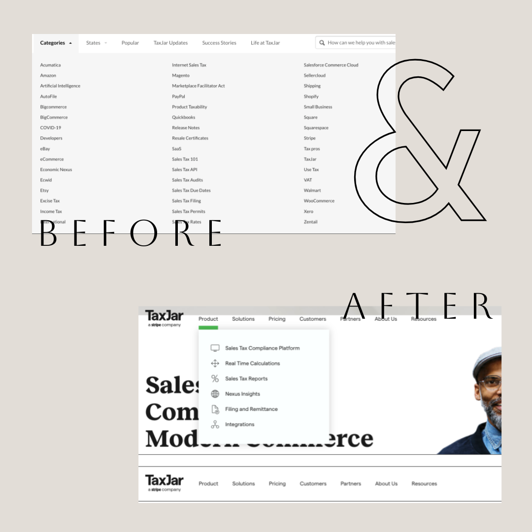 Information Architecture before and after for taxjar.com